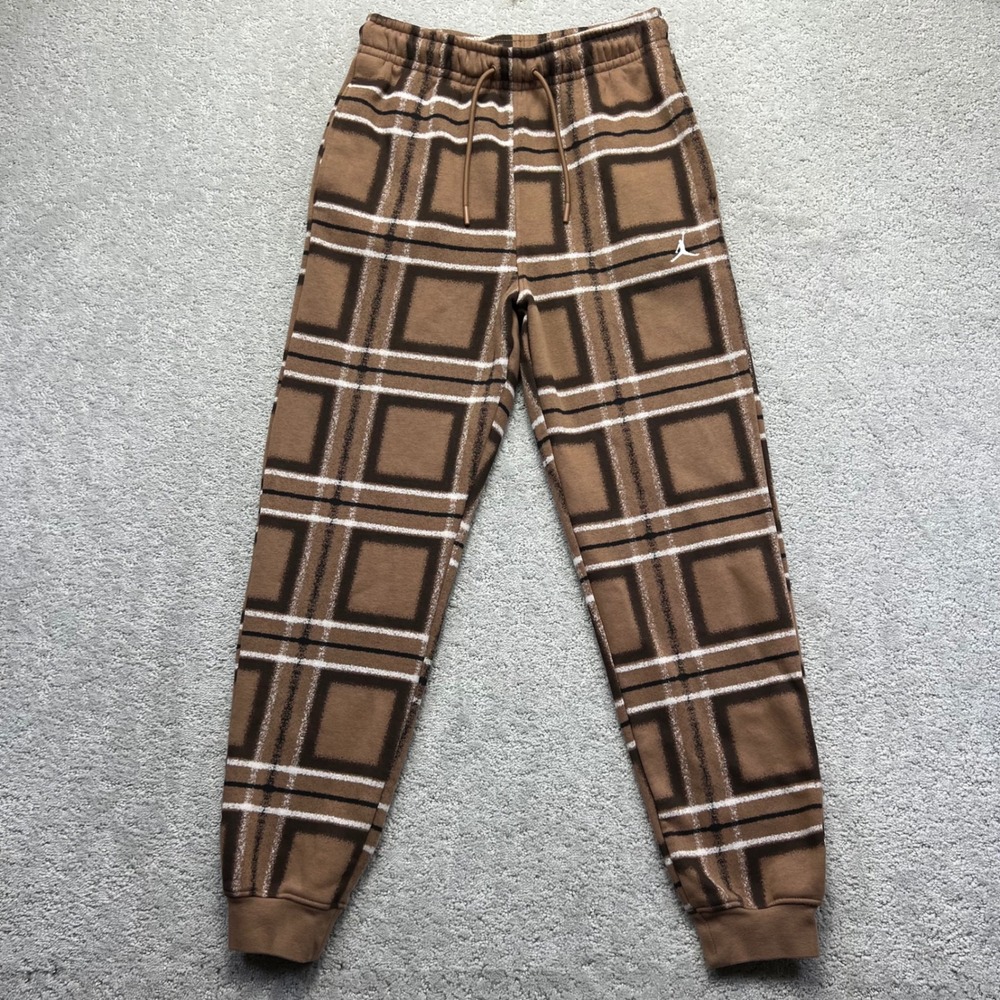 Jordan Mens Essential Fleece Sweatpants Size Small Brown Plaid Checkered Joggers